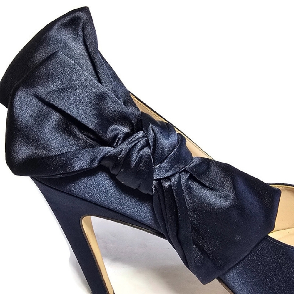 Nine West Blue Satin Oversized Bow Pumps Stilettos Heels Sz 8.5 Pointed - Picture 7 of 16